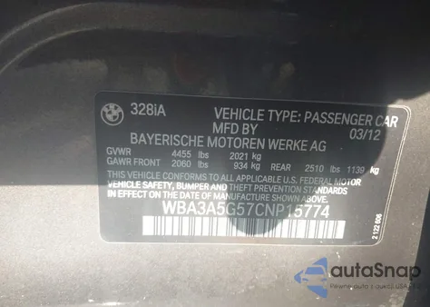 2012 BMW 328I z USA, uszkodzony, nr VIN WBA3A5G57CNP15774